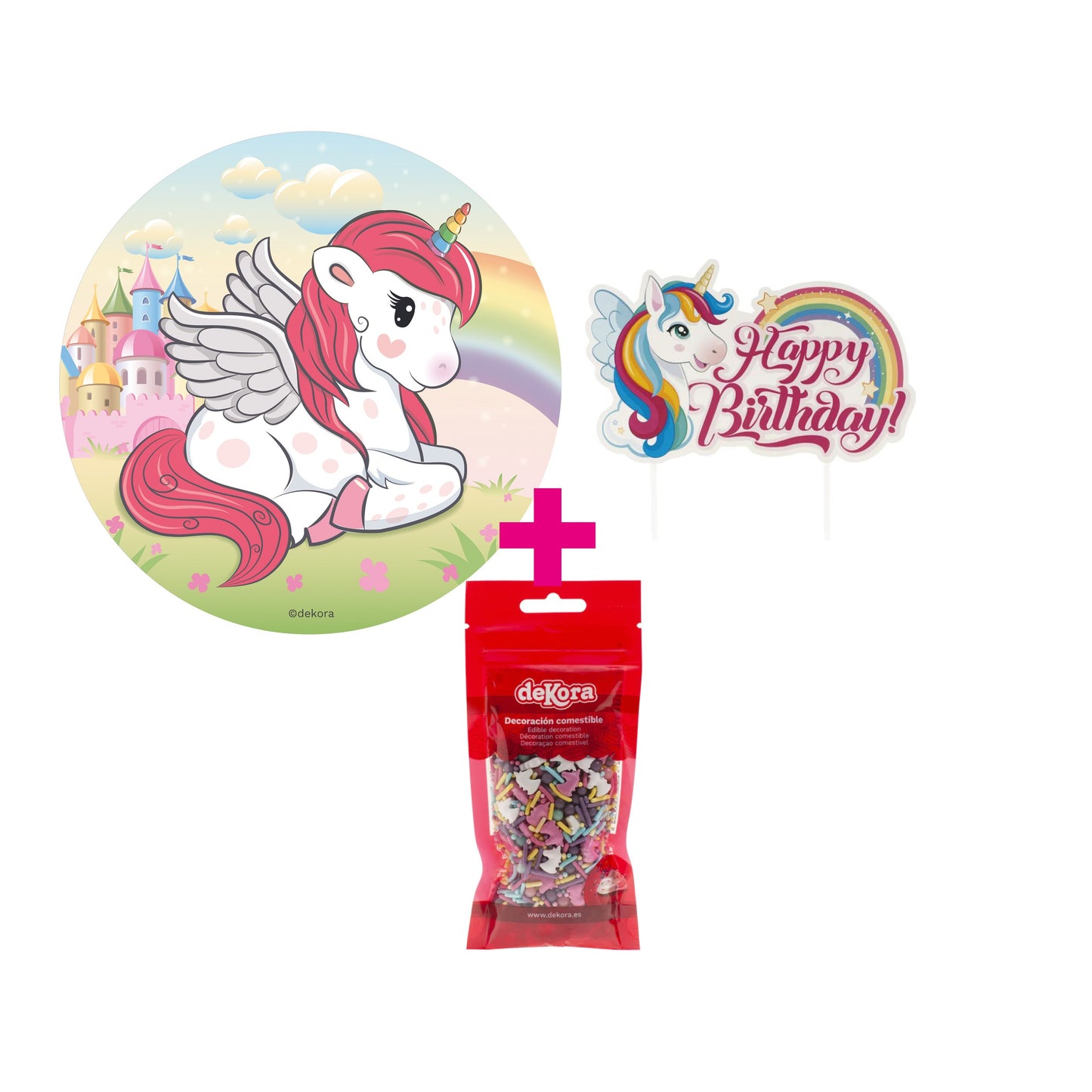 3er Set Einhorn Tortenaufleger, Cake Topper & Streusel