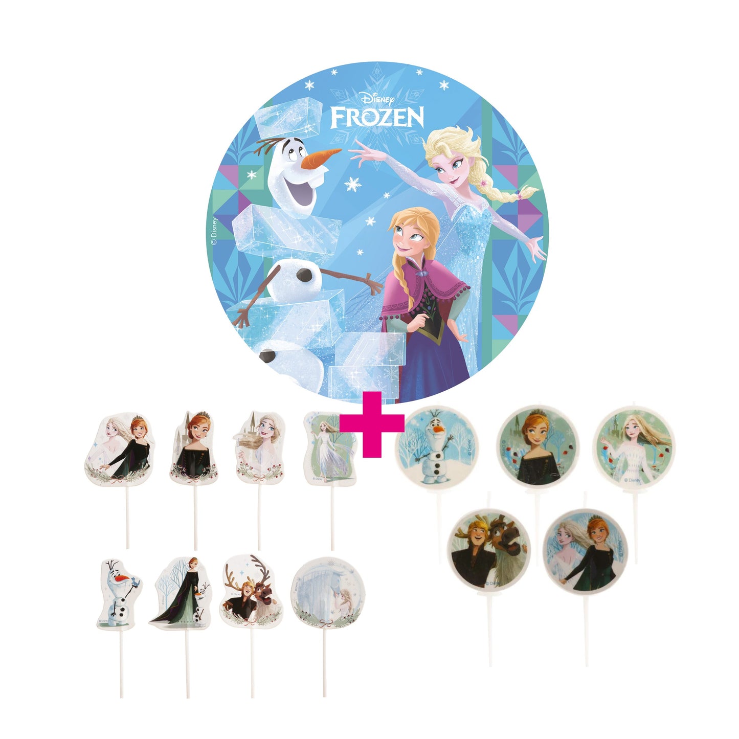 3er Set Frozen Tortenaufleger, Kuchen- und Muffinaufstecker & Kerzen
