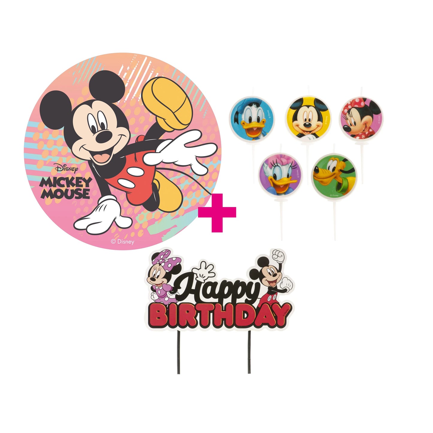 3er Set Mickey Mouse Tortenaufleger, Kerze & Cake Topper