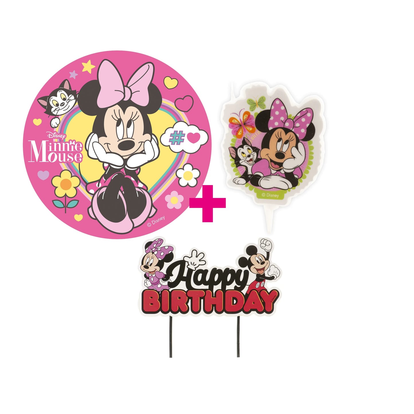 3er Set Minnie Mouse Tortenaufleger, Kerze & Cake Topper