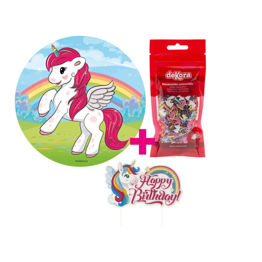 3er Set Einhorn Tortenaufleger, Streusel & Cake Topper