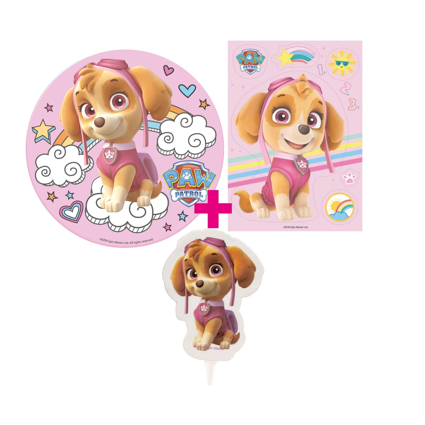 3er Set Paw Patrol Skye Tortenaufleger, Syke Kerze & Tortenaufleger