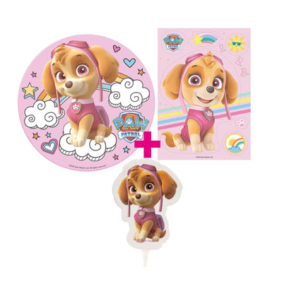 3er Set Paw Patrol Skye Tortenaufleger, Syke Kerze & Tortenaufleger