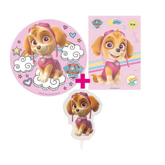 3er Set Paw Patrol Skye Tortenaufleger, Syke Kerze & Tortenaufleger