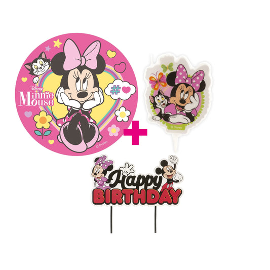 3er Set Minnie Mouse Tortenaufleger, Kerze & Cake Topper