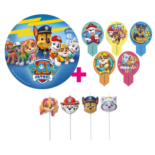 3er Set Paw Patrol Tortenaufleger, Muffinaufstecker & Kerzen